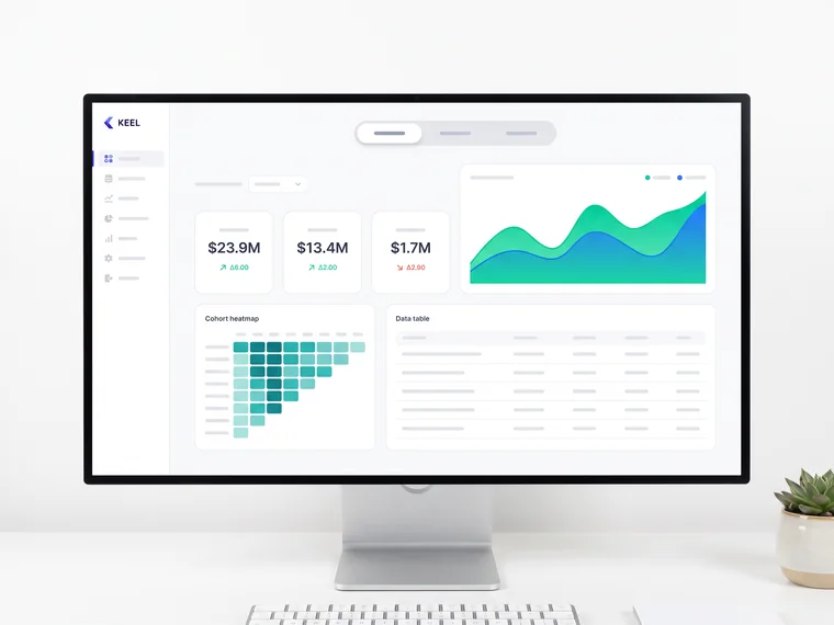 Keel analytics console — dashboard screens on a desktop monitor