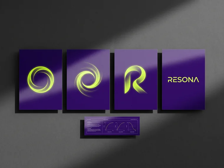 Resona motion identity — four poster frames resolving the mark into the wordmark
