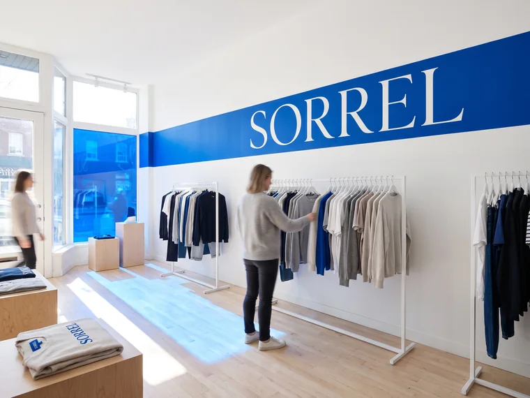 Sorrel flagship — cobalt signage band and wayfinding inside the store