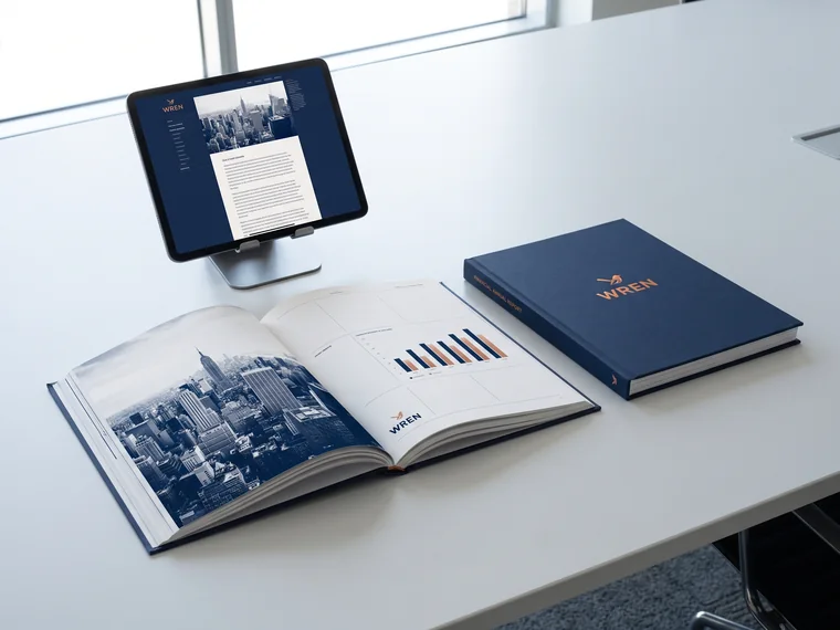 Wren annual report — printed spreads beside the web edition on a tablet